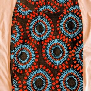 LuLaRoe Vibrant Black, Orange & Blue Pencil Skirt